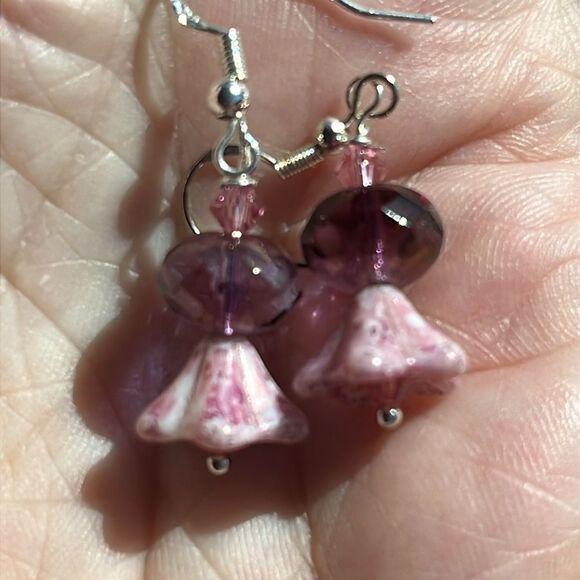 Handmade Pink Flower Earrings Czech Glass with mixed medium w Sterling - Picture 2 of 4